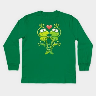 Sweet couple of green frogs intertwining their arms and legs while madly falling in love Kids Long Sleeve T-Shirt